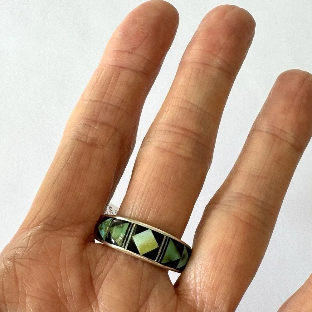 Navajo‎ Turquoise Wedding Band Inlay Opal Multi Ring Sz 12.5 9mm Mens Tolino